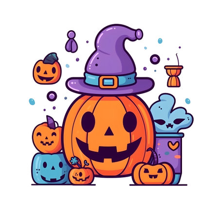 halloween element doodle icon set generative AI. elements hand drawn cartoon style cute pumpkin witch hat broom candlestick skull spider cauldron autumn spooky. october seasonal holiday.の写真素材