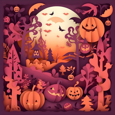 halloween paper art background generative AI. with haunted house scary night pumpkins and bats tree moon cat witch evil cute paper cut concept. halloween day card, gift, poster, postcard.の素材