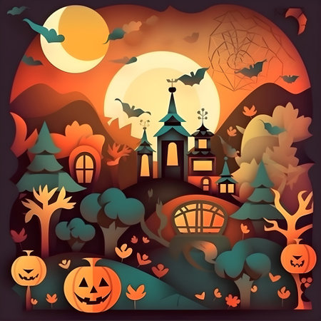halloween paper art background generative AI. with haunted house scary night pumpkins and bats tree moon cat witch evil cute paper cut concept. halloween day card, gift, poster, postcard.の素材