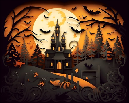 halloween paper art background generative AI. with haunted house scary night pumpkins and bats tree moon cat witch evil cute paper cut concept. halloween day card, gift, poster, postcard.の素材