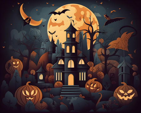 halloween paper art background generative AI. with haunted house scary night pumpkins and bats tree moon cat witch evil cute paper cut concept. halloween day card, gift, poster, postcard.の素材