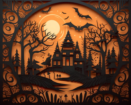 halloween paper art background generative AI. with haunted house scary night pumpkins and bats tree moon cat witch evil cute paper cut concept. halloween day card, gift, poster, postcard.の素材