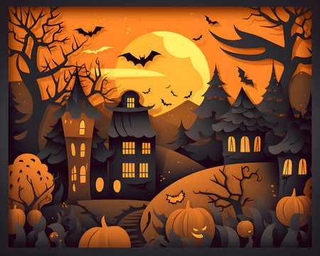 halloween paper art background generative AI. with haunted house scary night pumpkins and bats tree moon cat witch evil cute paper cut concept. halloween day card, gift, poster, postcard.の素材