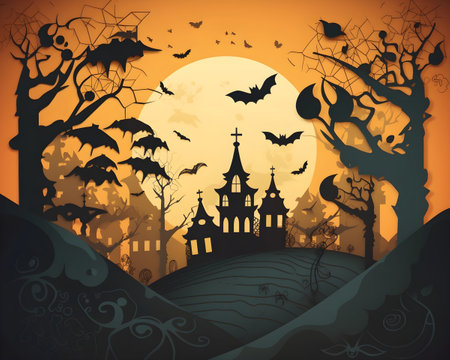 halloween paper art background generative AI. with haunted house scary night pumpkins and bats tree moon cat witch evil cute paper cut concept. halloween day card, gift, poster, postcard.の素材