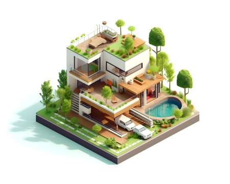 isometric architecture eco sustainable environment generative AI building with ecology sustainability. eco home solar panels windmill nature design concept. eco for web banner, illustration.の写真素材
