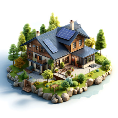 isometric architecture eco sustainable environment generative AI building with ecology sustainability. eco home solar panels windmill nature design concept. eco for web banner, illustration.の素材