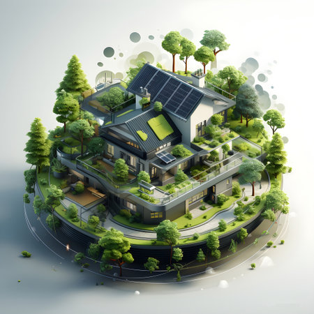 isometric architecture eco sustainable environment generative AI building with ecology sustainability. eco home solar panels windmill nature design concept. eco for web banner, illustration.の写真素材