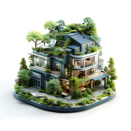 isometric architecture eco sustainable environment generative AI building with ecology sustainability. eco home solar panels windmill nature design concept. eco for web banner, illustration.の素材
