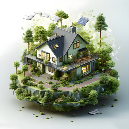 isometric architecture eco sustainable environment generative AI building with ecology sustainability. eco home solar panels windmill nature design concept. eco for web banner, illustration.の素材