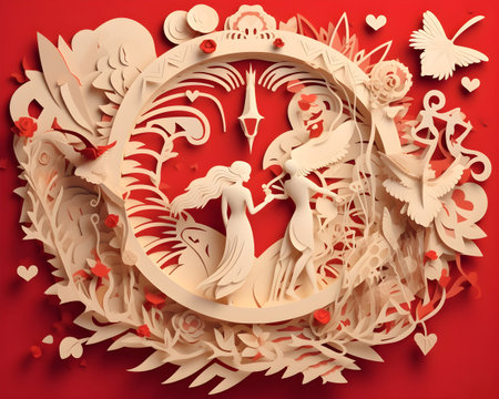 cute love paper art valentine day. with lovely generative Ai valentine boy and girl fly heart, paper cut on red background, white sky, clouds, origami style vector. paper for valentine card, gift,の写真素材