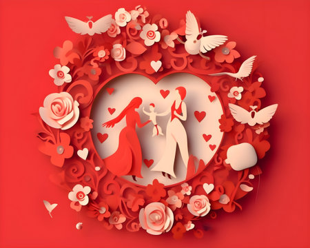 cute love paper art valentine day. with lovely generative Ai valentine boy and girl fly heart, paper cut on red background, white sky, clouds, origami style vector. paper for valentine card, gift,の写真素材