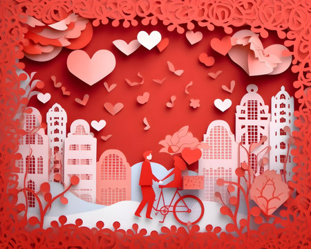 cute love paper art valentine day. with lovely generative Ai valentine boy and girl fly heart, paper cut on red background, white sky, clouds, origami style vector. paper for valentine card, gift,の写真素材