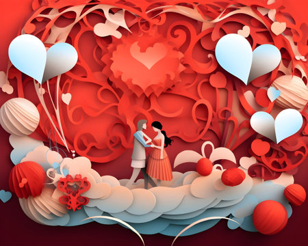cute love paper art valentine day. with lovely generative Ai valentine boy and girl fly heart, paper cut on red background, white sky, clouds, origami style vector. paper for valentine card, gift,の写真素材