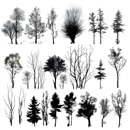 Set of trees silhouettes isolated on white background generative Ai. tree object white background design plant black collection natural. trees silhouette art leaf outline graphic trunk stem summer.の写真素材