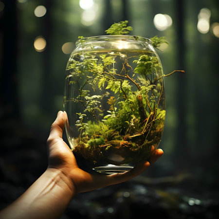 hand holding green tree in form of environment eco concept generative Ai. hand natural human life care ecology protection. hand eco sign save global organic health spring finger people earth leaf.の写真素材