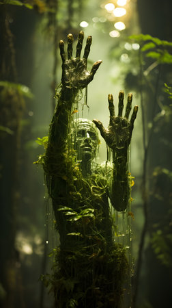 hand holding green tree in form of environment eco concept generative Ai. hand natural human life care ecology protection. hand eco sign save global organic health spring finger people earth leaf.の写真素材