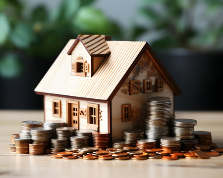 investment house coin property money mortgage loan building home background business estate finance white model currency bank financial cash housing residential real banking sale concept growth.の写真素材