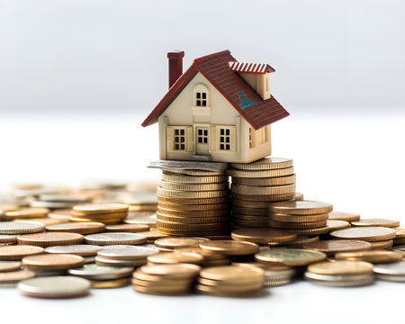 investment house coin property money mortgage loan building home background business estate finance white model currency bank financial cash housing residential real banking sale concept growth.の写真素材