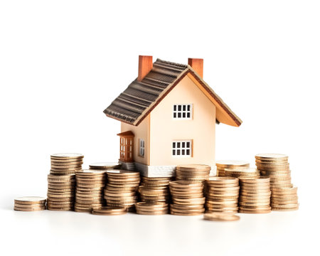 investment house coin property money mortgage loan building home background business estate finance white model currency bank financial cash housing residential real banking sale concept growth.の写真素材