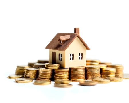 investment house coin property money mortgage loan building home background business estate finance white model currency bank financial cash housing residential real banking sale concept growth.の写真素材