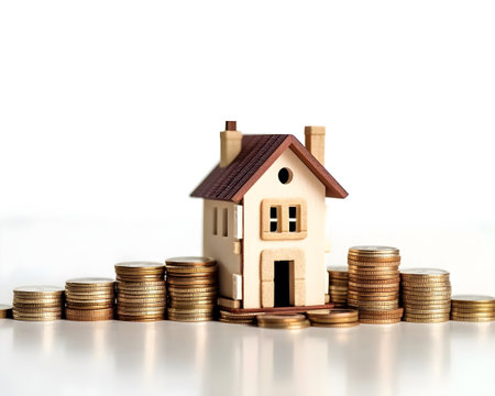 investment house coin property money mortgage loan building home background business estate finance white model currency bank financial cash housing residential real banking sale concept growth.の写真素材