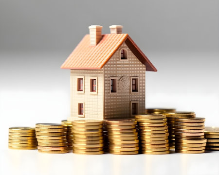 investment house coin property money mortgage loan building home background business estate finance white model currency bank financial cash housing residential real banking sale concept growth.の写真素材