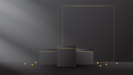 display podium black luxury gold modern presentation product background vector. stage empty dark design pedestal minimal showcase template space stand. studio mockup abstract lightのイラスト素材