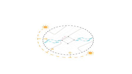isometric architecture site analysis symbol icon element drawing graphic flat isolated vector. architecture element line sun wind sound sun path vegetation.のイラスト素材