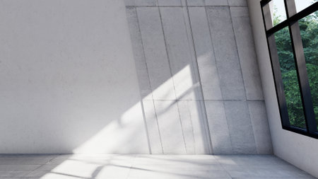 empty interior room shadow wall space background mock up architecture sunlight. empty home modern window light floor design apartment white house indoor. blank minimal concept backdrop bright clean.の写真素材