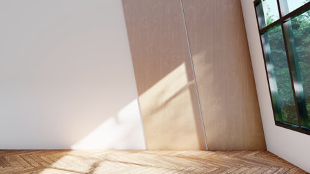 empty interior room shadow wall space background mock up architecture sunlight. empty home modern window light floor design apartment white house indoor. blank minimal concept backdrop bright clean.の写真素材