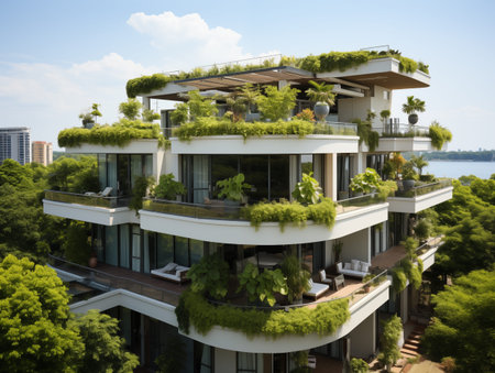Modern green building with lush vegetation and open courtyard design. Ideal for concepts like...