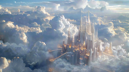 Fantasy magic castle glowing dreamlike floating fantasy. castle in the sky surrounded by magical lights and surreal landscape. Cinematic, high-resolution artwork.の写真素材