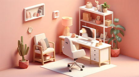 Isometric 3D workspace minimal pastel. cozy isometric 3D home office scene with desk computer soft lighting and pastel tones. Ideal for design UI or infographic use.の写真素材