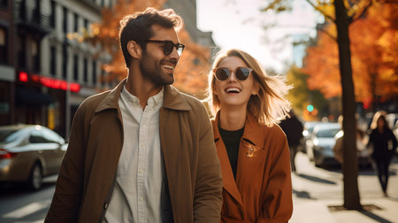 Lifestyle couple autumn street travel happy young couple walking in a New York. street in autumn. Cinematic light and warm tone perfect for travel and lifestyle visuals.の写真素材