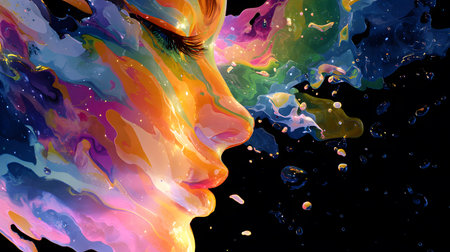 abstract surreal emotional colorful dreamlike melting abstract. face blends into vivid shapes on a...