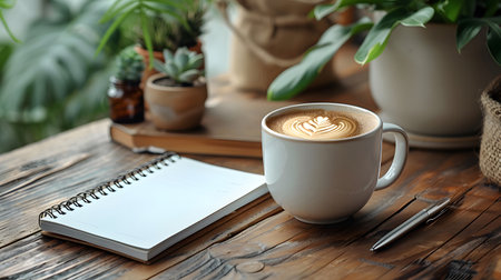 mockup product branding clean realistic top view scene with a coffee mug. notebook, and pen on a wooden table. Perfect for branding, presentation, and product display mockups.の写真素材