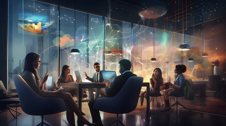 Business team startup modern creative team brainstorming in a modern office with digital charts. Perfect for startup, innovation, and corporate concept visuals.の写真素材