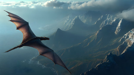 Fantasy dragon mystical glowing detailed with glowing scales flying above a mountain. Perfect for games, book covers, Nand digital art collections.の写真素材