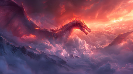 Fantasy dragon mystical glowing detailed with glowing scales flying above a mountain. Perfect for games, book covers, Nand digital art collections.の写真素材