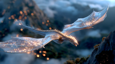 Fantasy dragon mystical glowing detailed with glowing scales flying above a mountain. Perfect for games, book covers, Nand digital art collections.の写真素材