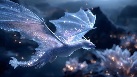 Fantasy dragon mystical glowing detailed with glowing scales flying above a mountain. Perfect for games, book covers, Nand digital art collections.の写真素材