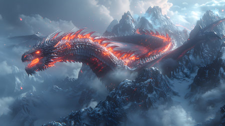 Fantasy dragon mystical glowing detailed with glowing scales flying above a mountain. Perfect for games, book covers, Nand digital art collections.の写真素材