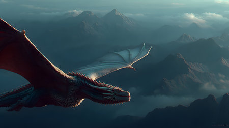 Fantasy dragon mystical glowing detailed with glowing scales flying above a mountain. Perfect for games, book covers, Nand digital art collections.の写真素材