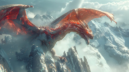 Fantasy dragon mystical glowing detailed with glowing scales flying above a mountain. Perfect for games, book covers, Nand digital art collections.の写真素材