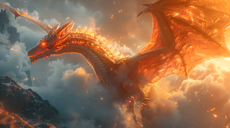 Fantasy dragon mystical glowing detailed with glowing scales flying above a mountain. Perfect for games, book covers, Nand digital art collections.の写真素材