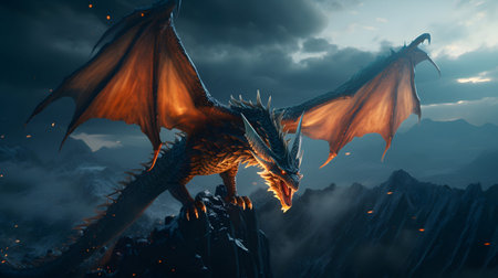 Fantasy dragon mystical glowing detailed with glowing scales flying above a mountain. Perfect for games, book covers, Nand digital art collections.の写真素材
