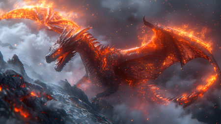 Fantasy dragon mystical glowing detailed with glowing scales flying above a mountain. Perfect for games, book covers, Nand digital art collections.の写真素材