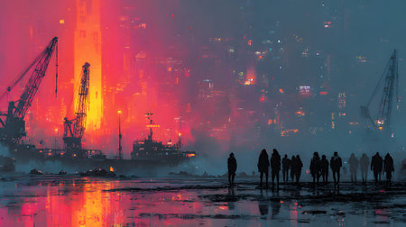 A vibrant cyberpunk cityscape glowing with neon lights and glitch effects. Futuristic people wearing tech gear in a night urban scene.の写真素材