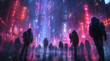 A vibrant cyberpunk cityscape glowing with neon lights and glitch effects. Futuristic people wearing tech gear in a night urban scene.の写真素材