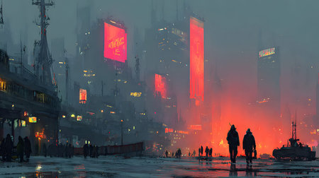 A vibrant cyberpunk cityscape glowing with neon lights and glitch effects. Futuristic people wearing tech gear in a night urban scene.の写真素材